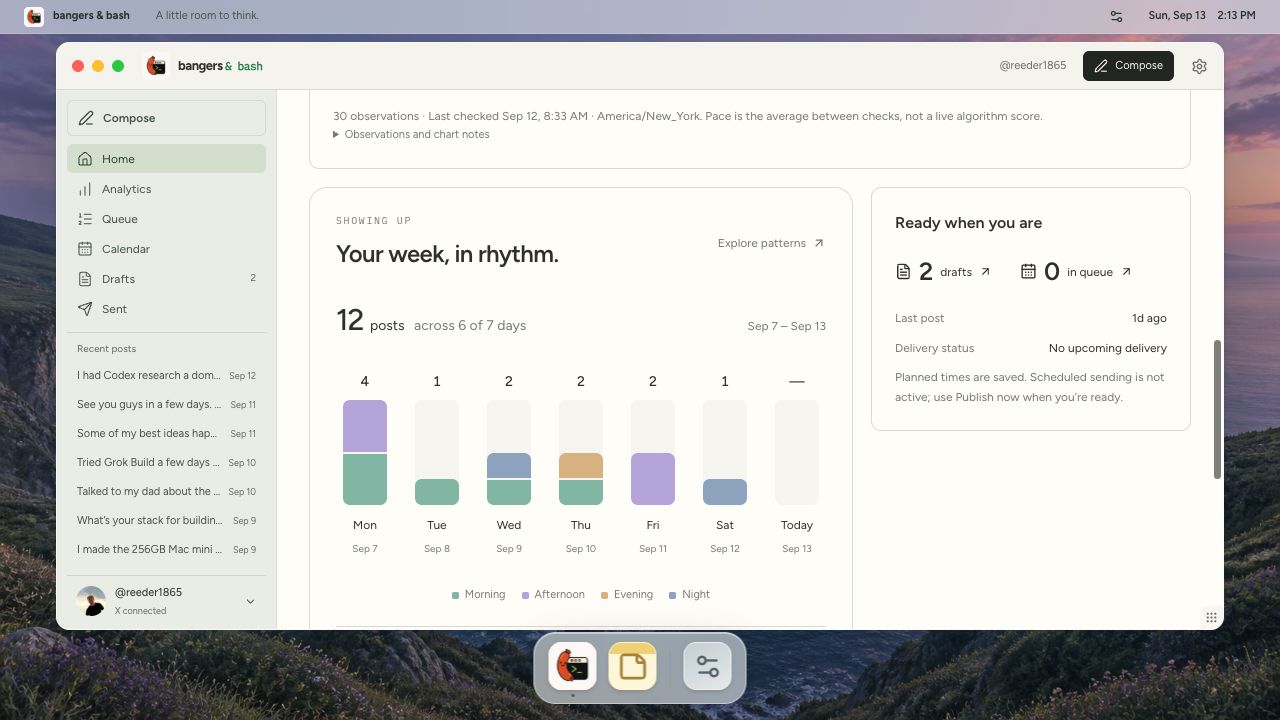 Founder workspace example: read your posting rhythm